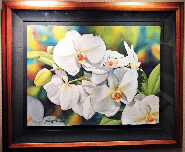<b>*NEW*</b> White Phaleonopsis Orchid 22x30 Original Watercolor in Koa Frame by Garry Palm