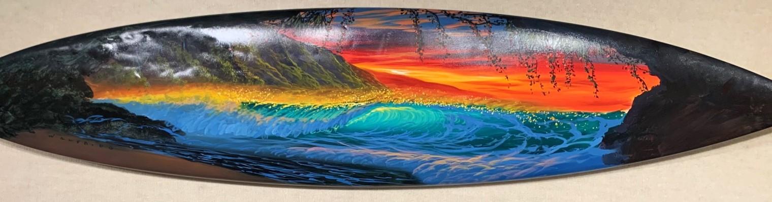 Caved Sunset Original Acrylic on 83" Reclaimed Surfboard by Walfrido Garcia <! local>