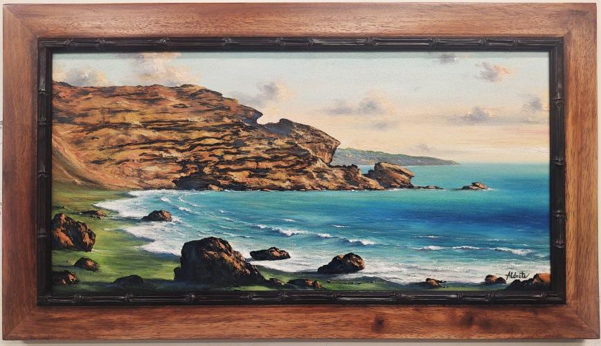 Island Memories (Green Sand Beach) 12x24 Framed Original Oil by George Aldrete