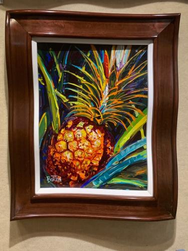 Island Pineapple 18x24 Original Acrylic in Wavy Dark Stain Frame by Steve Barton