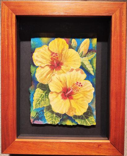 Yellow Hibiscus 5x7 Original Watercolor Framed by Garry Palm