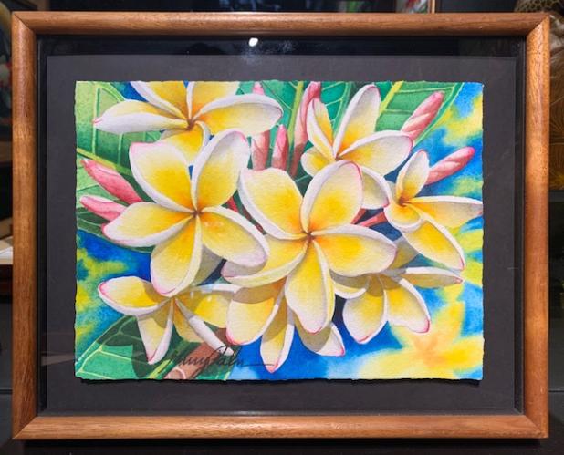 White and Yellow Plumeria 9x11.5 Framed Watercolor by Garry Palm <! local>